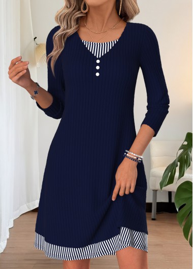 women clothes image of Navy Striped Fake 2in1 Long Sleeve Round Neck Dress