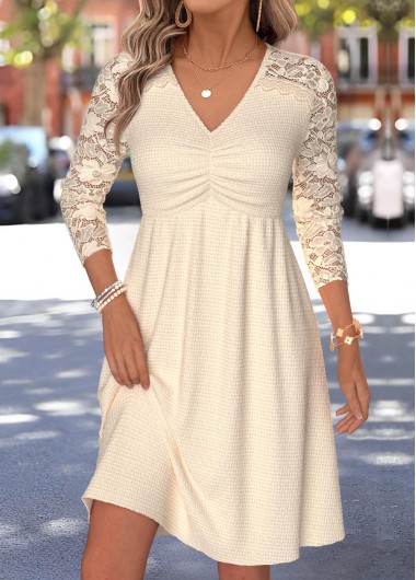 women clothes image of Beige Patchwork Long Sleeve V Neck Dress
