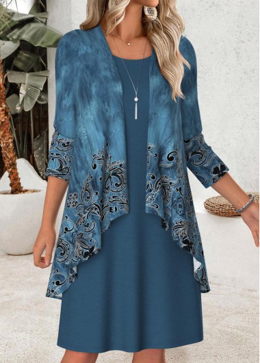women clothes image of Peacock Blue Tribal Print Two-piece Dress and Cardigan