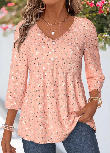 women clothes image of Pink Ditsy Floral Print Curved Hem 3/4 Sleeve Blouse