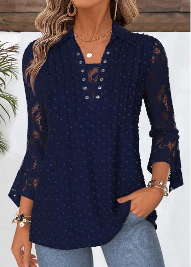 women clothes image of Navy Patchwork 3/4 Sleeve Polo Collar Blouse