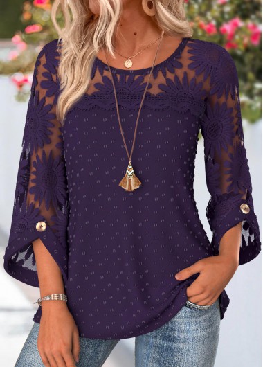 women clothes image of Purple Button 3/4 Sleeve Round Neck Blouse