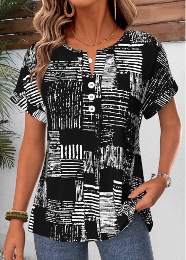 women clothes image of Black Geometric Print Curved Hem Short Sleeve T Shirt