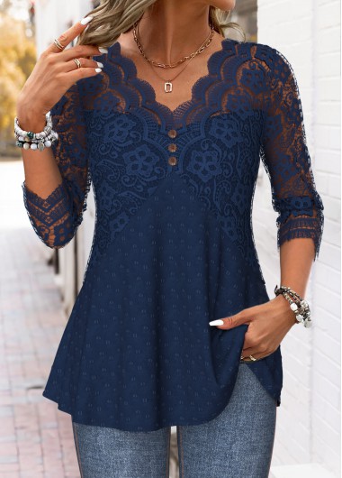 women clothes image of Navy Curved Hem Long Sleeve V Neck Blouse