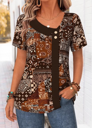 women clothes image of Dark Coffee Patchwork Button Short Sleeve T Shirt