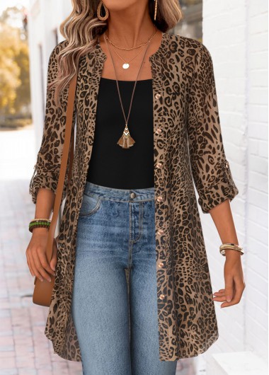 women clothes image of Light Coffee Curved Hem Leopard Long Sleeve Coat