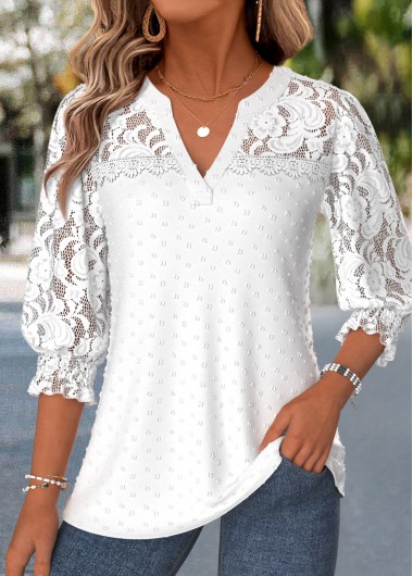 women clothes image of White Patchwork 3/4 Sleeve Split Neck Blouse