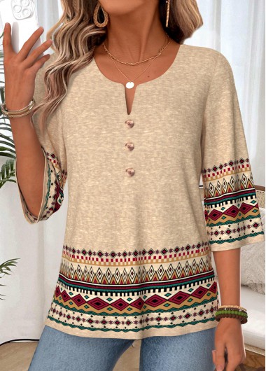 women clothes image of Light Camel Tribal Print Button 3/4 Sleeve T Shirt