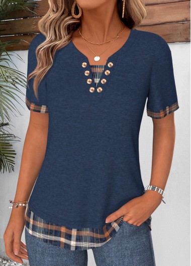 women clothes image of Navy Plaid Fake 2in1 Short Sleeve T Shirt