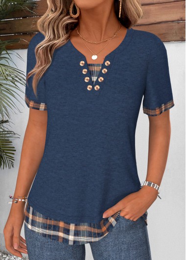 women clothes image of Navy Plaid Fake 2in1 Short Sleeve T Shirt