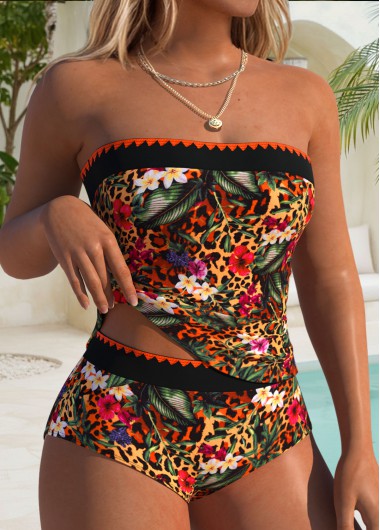 women clothes image of Black Mid Waisted Ruched/shirred Leopard Tankini Set