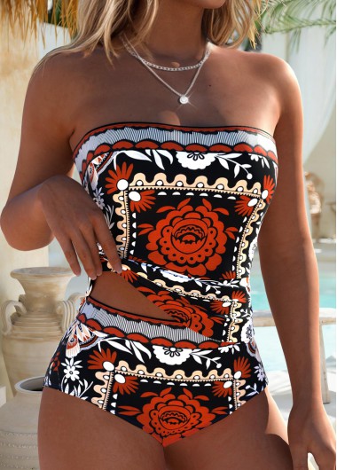 women clothes image of Black Mid Waisted Pull On Floral Print Tankini Set