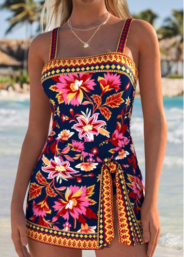 women clothes image of Navy Layered Random Floral Print One Piece Swimdress