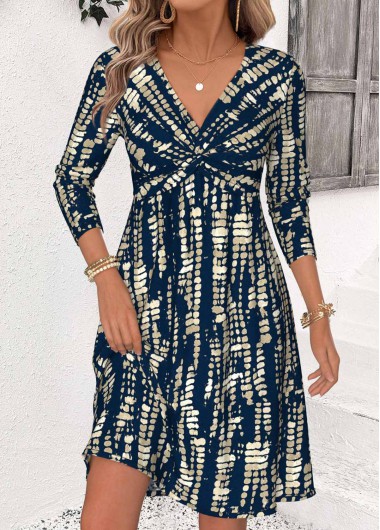 women clothes image of Multi Color Geometric Print Short Twist V Neck Dress