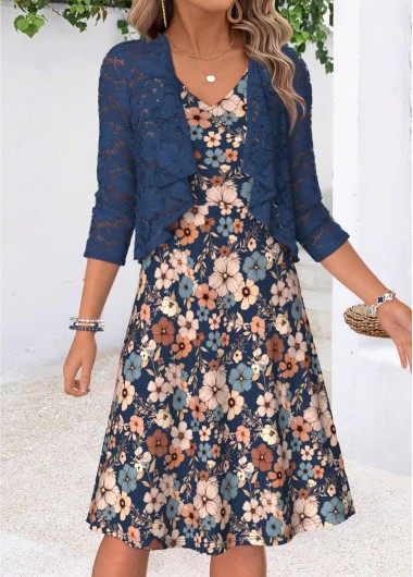 women clothes image of Multi Color Floral Print Two-piece Dress and Cardigan