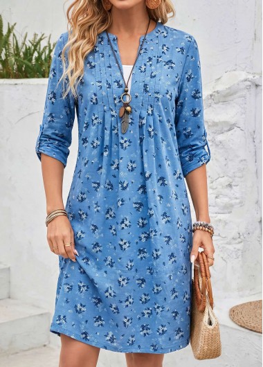 women clothes image of Denim Blue Floral Print Short Fake 2in1 Dress