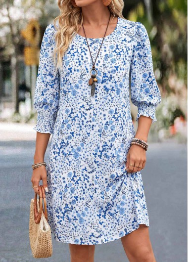 women clothes image of Blue Ditsy Floral Print Short Smocked 3/4 Sleeve Dress