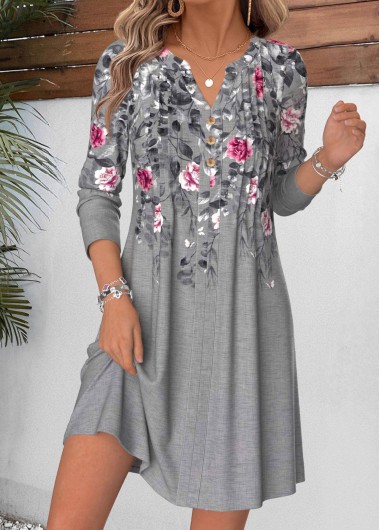 women clothes image of Grey Floral Print Short Tuck Stitch Long Sleeve Dress