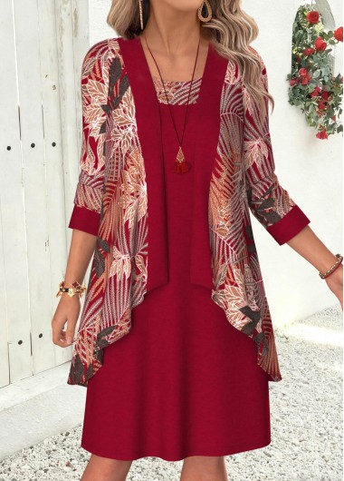 women clothes image of Red Leaf Print Short Two-piece Dress and Cardigan