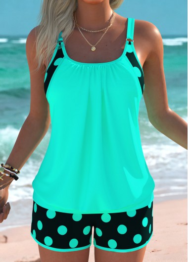 women clothes image of Cyan Mid Waisted Blouson Polka Dot Tankini Set