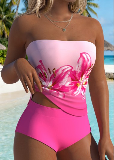 women clothes image of Hot Pink Mid Waisted Two-piece Floral Print Tankini Set