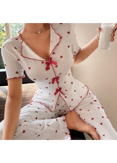 women clothes image of White Heart Print Short Sleeve Lounge Top and Pants