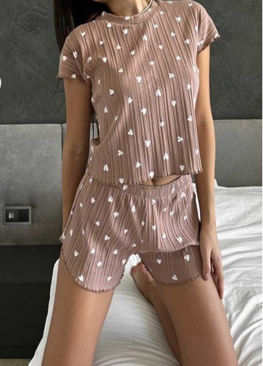 women clothes image of Light Coffee Heart Print Lounge Top and Shorts