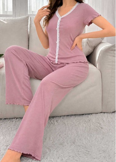women clothes image of Pink Short Sleeve V Neck Lounge Top and Pants