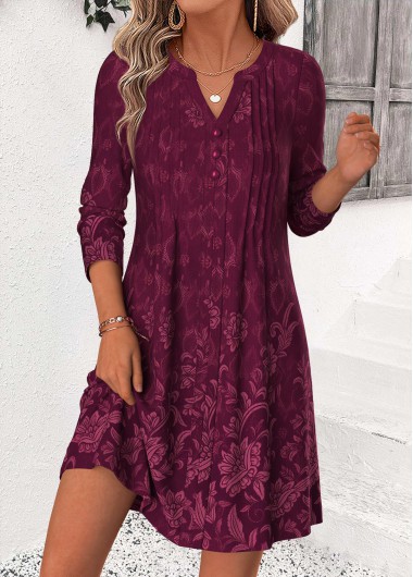 women clothes image of Wine Red Random Floral Print Short Tuck Stitch Dress