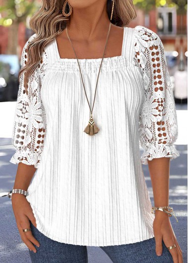 women clothes image of Raw White Patchwork 3/4 Sleeve Square Neck Blouse