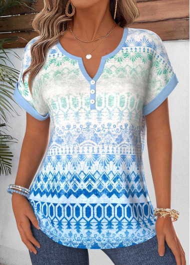 women clothes image of Blue Geometric Print Tummy Coverage Short Sleeve Blouse