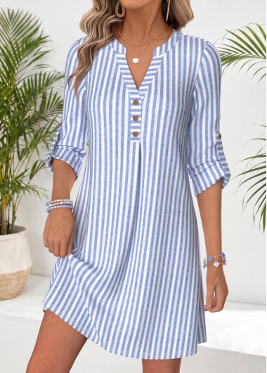 women clothes image of Blue Striped Short Tummy Coverage Long Sleeve Dress