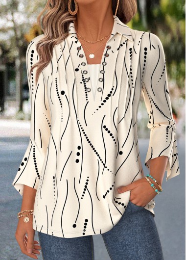 women clothes image of Beige Geometric Print Curved Hem 3/4 Sleeve Blouse