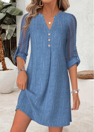 women clothes image of Denim Blue Short Patchwork Half Sleeve Split Neck Dress