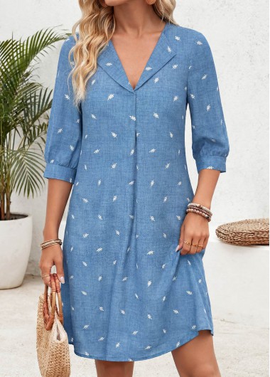 women clothes image of Denim Blue Leaf Print Short Tummy Coverage Dress