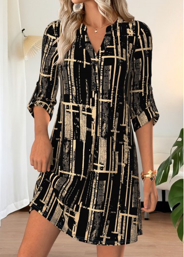 women clothes image of Black Geometric Print Short Half Sleeve Split Neck Dress