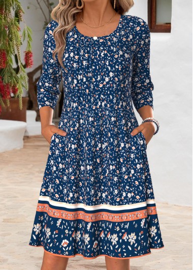 women clothes image of Blue Ditsy Floral Print Tuck Stitch Long Sleeve Dress