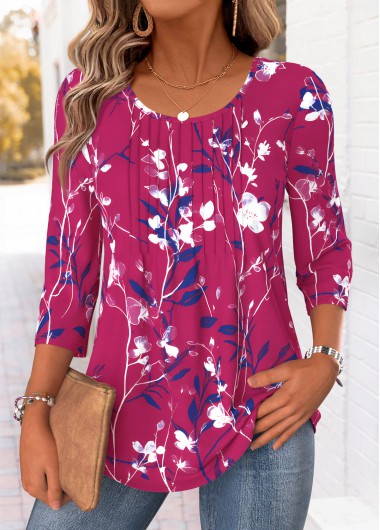 women clothes image of Hot Pink Floral Print Curved Hem T Shirt