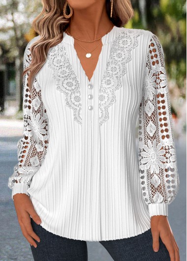 women clothes image of White Patchwork Long Sleeve Split Neck Blouse