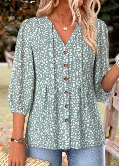 women clothes image of Green Ditsy Floral Print Shirred 3/4 Sleeve Blouse