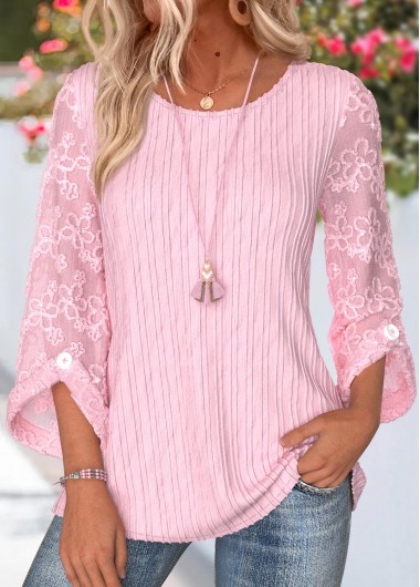women clothes image of Light Pink Button 3/4 Sleeve Round Neck Blouse