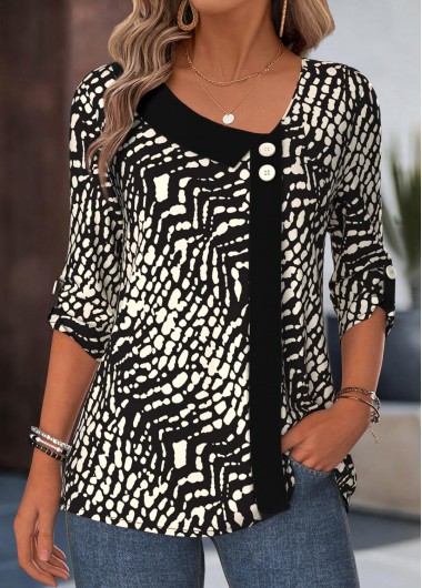 women clothes image of Pink Geometric Print Patchwork 3/4 Sleeve Asymmetrical Neck Blouse