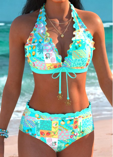 women clothes image of Cyan Mid Waisted Fruit Printing Bikini Set