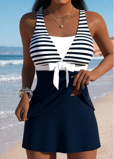 women clothes image of Navy Mid Waisted Striped Tankini Set