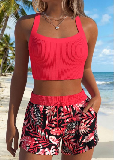 women clothes image of Coral Mid Waisted Patchwork Geometric Print Bikini Set