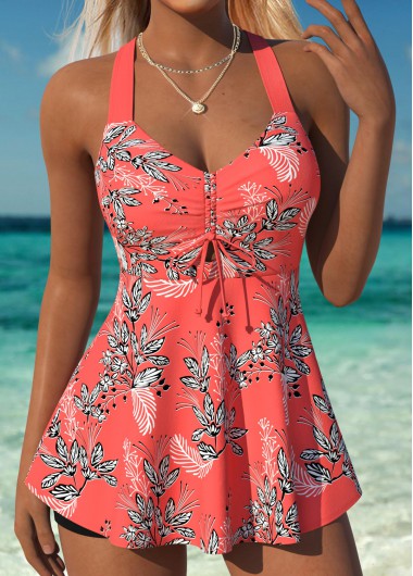 women clothes image of Orange Drawstring Leaf Print Tankini Top