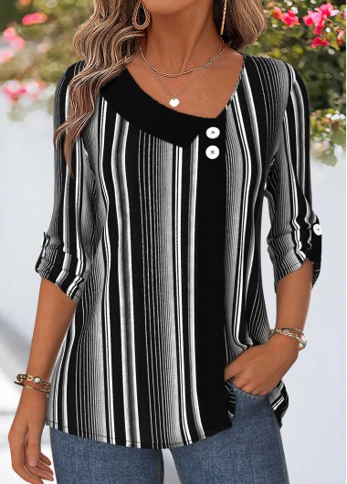 women clothes image of Black Striped Patchwork 3/4 Sleeve Asymmetrical Neck Blouse