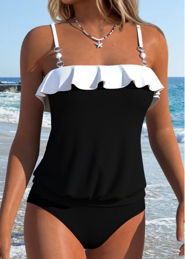 women clothes image of Black Mid Waisted Ruffle Tankini Top