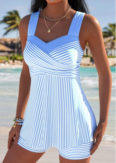 women clothes image of Light Blue Mid Waisted Surplice Striped Tankini Set