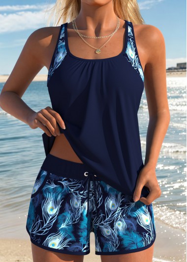 women clothes image of Navy Mid Waisted Two-piece Feathers Print Tankini Set
